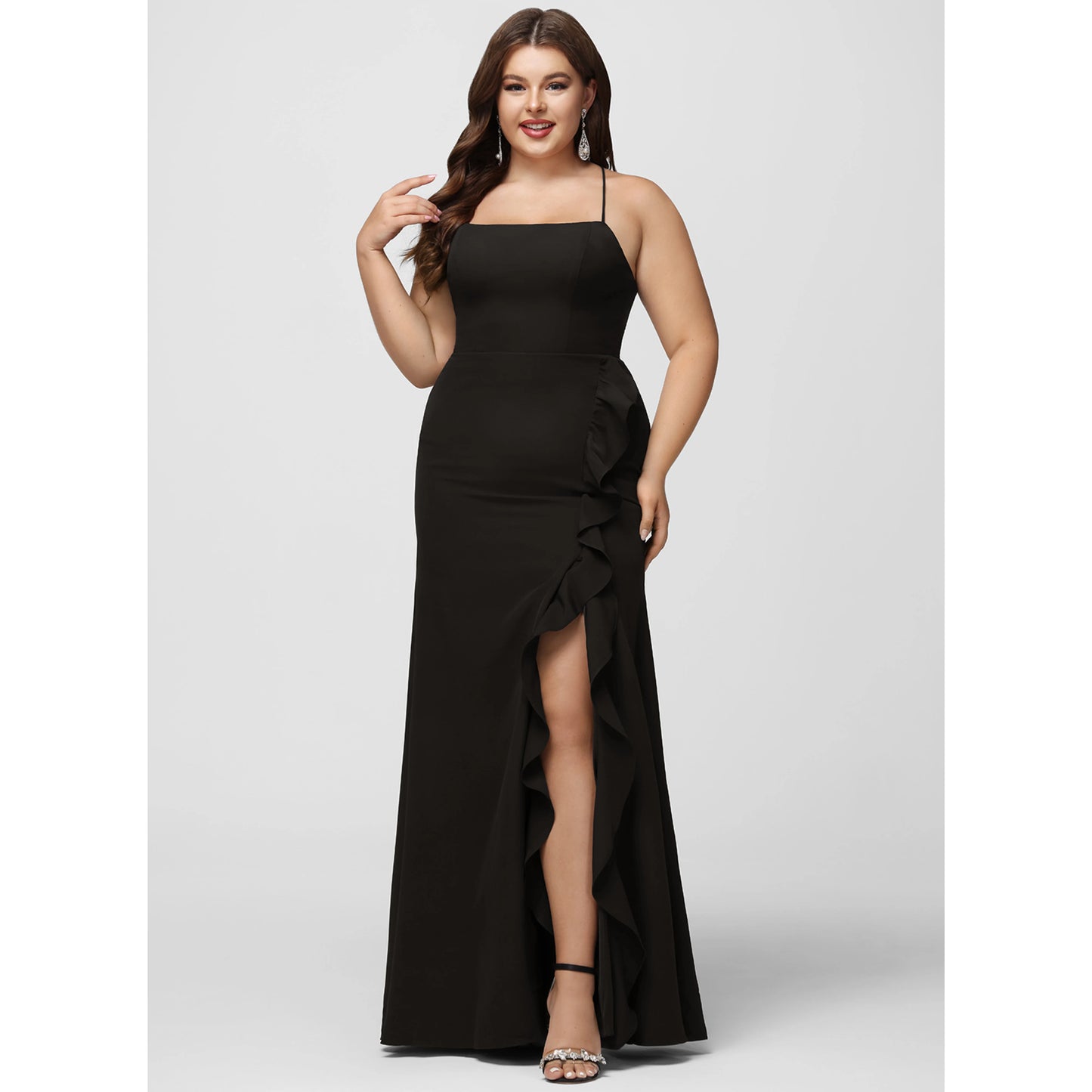Chic Sheath Square Neck Sleeveless Ruffled Slit Black Floor-Length Prom Dress
