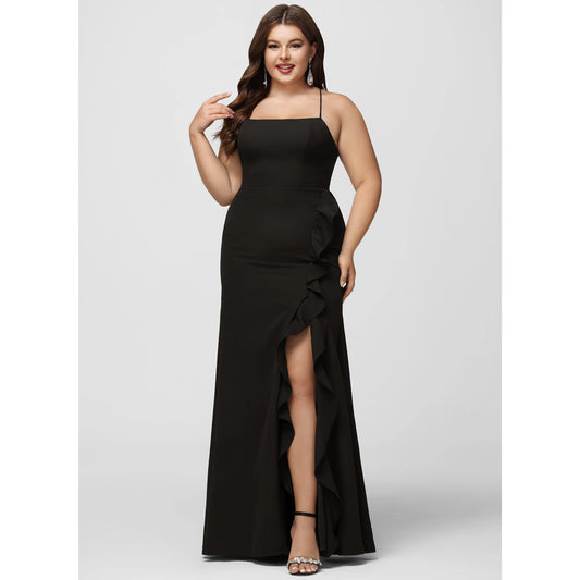 Chic Sheath Square Neck Sleeveless Ruffled Slit Black Floor-Length Prom Dress