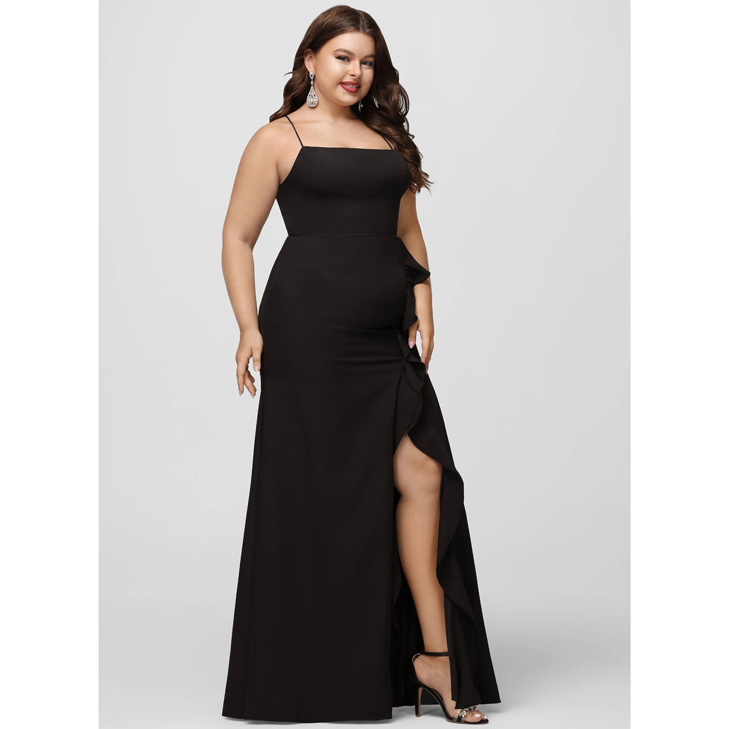 Chic Sheath Square Neck Sleeveless Ruffled Slit Black Floor-Length Prom Dress