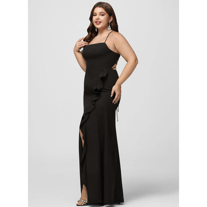 Chic Sheath Square Neck Sleeveless Ruffled Slit Black Floor-Length Prom Dress
