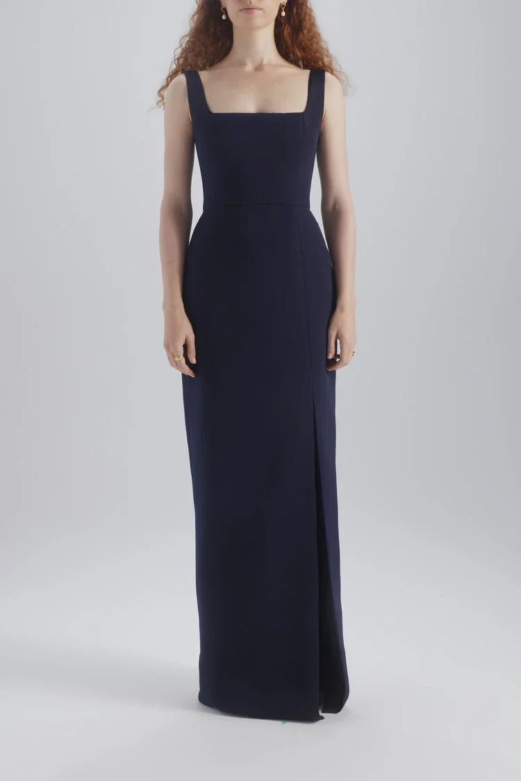 Chic Sheath Square Neck Sleeveless Slit Navy Blue Floor-Length Bridesmaid Dress