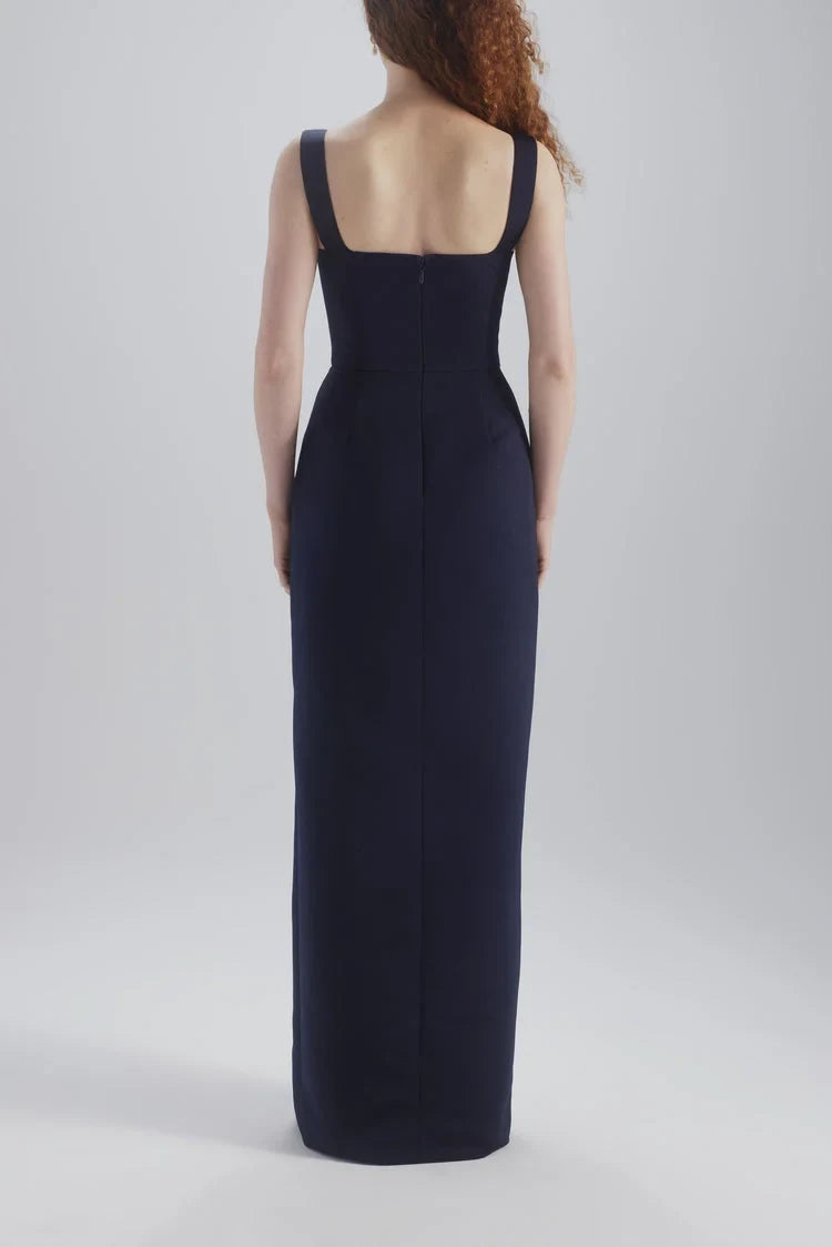 Chic Sheath Square Neck Sleeveless Slit Navy Blue Floor-Length Bridesmaid Dress