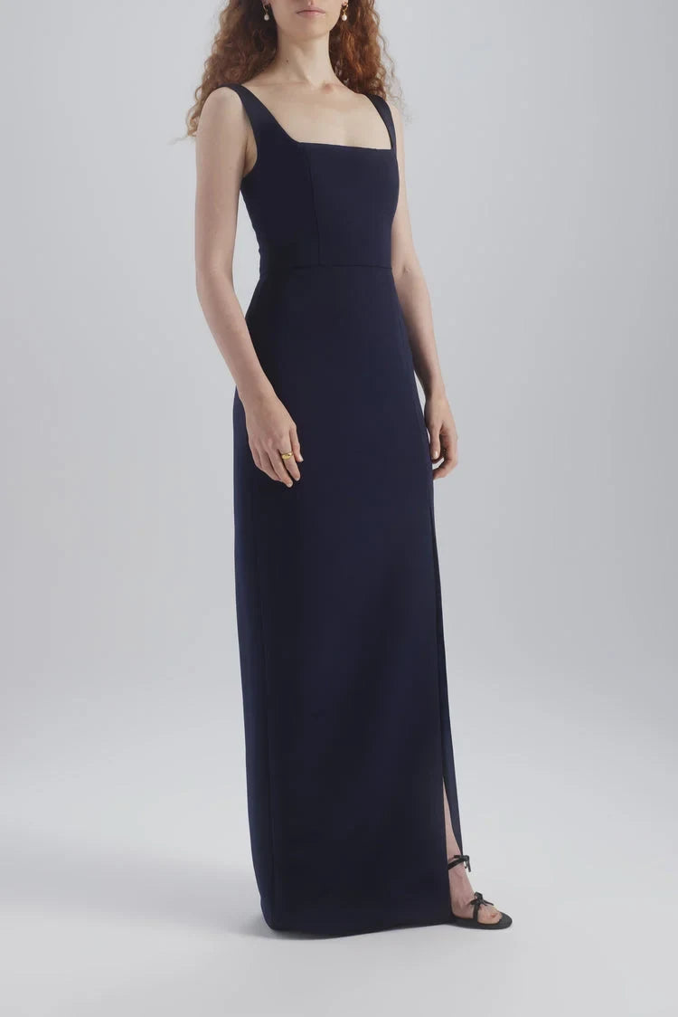 Chic Sheath Square Neck Sleeveless Slit Navy Blue Floor-Length Bridesmaid Dress