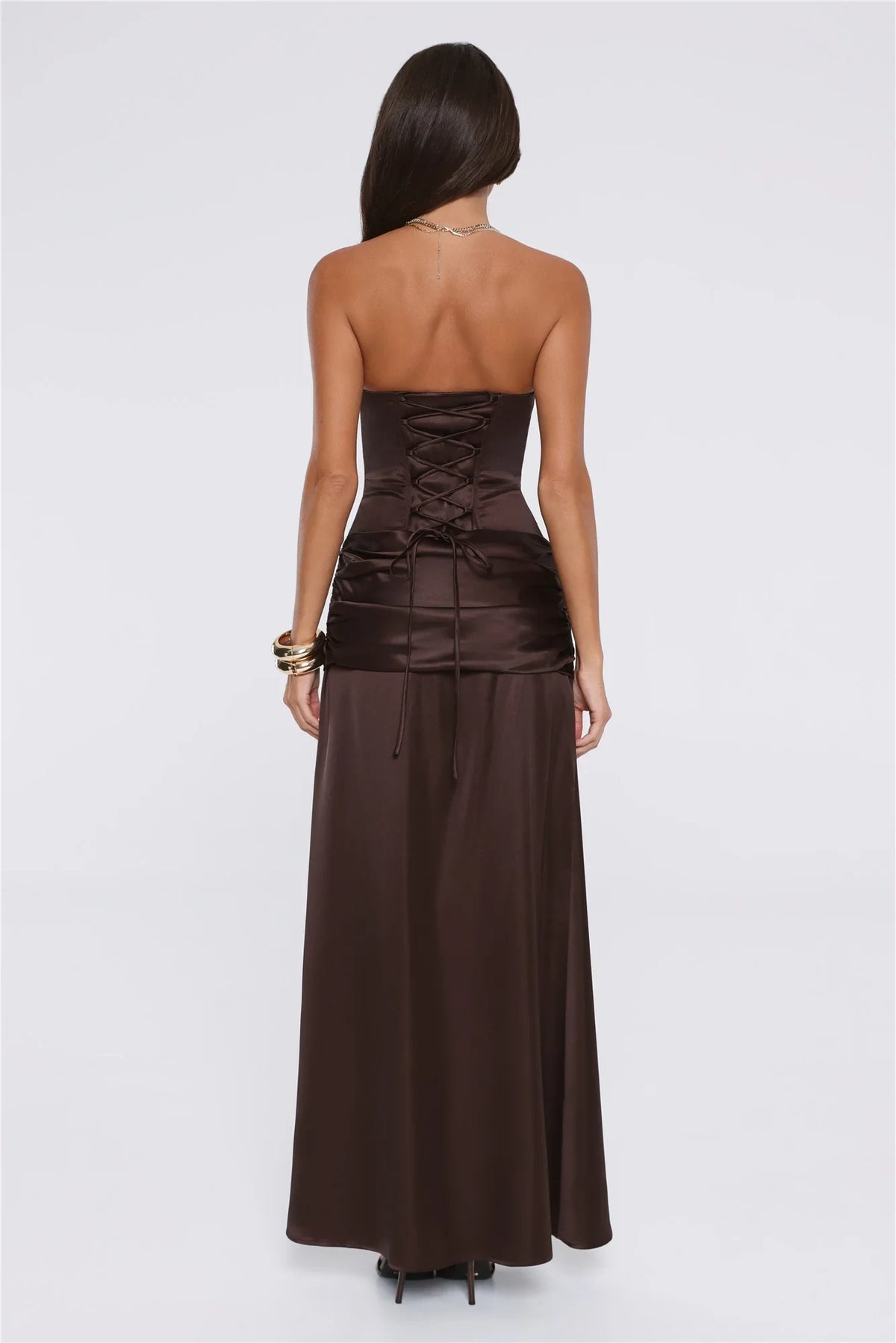 Chic Sheath Strapless Corset Ruched Brown Maxi Evening Dresses Women Gown