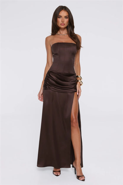 Chic Sheath Strapless Corset Ruched Brown Maxi Evening Dresses Women Gown