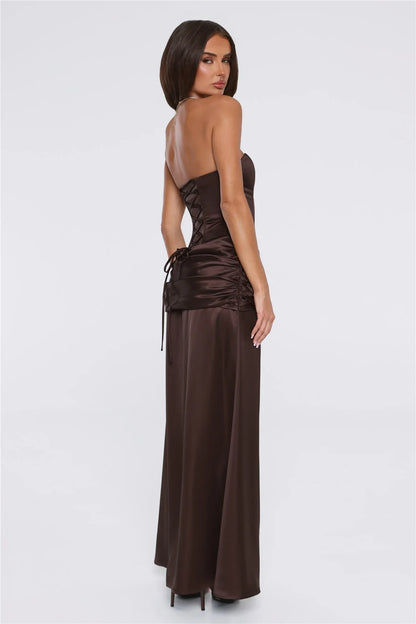 Chic Sheath Strapless Corset Ruched Brown Maxi Evening Dresses Women Gown