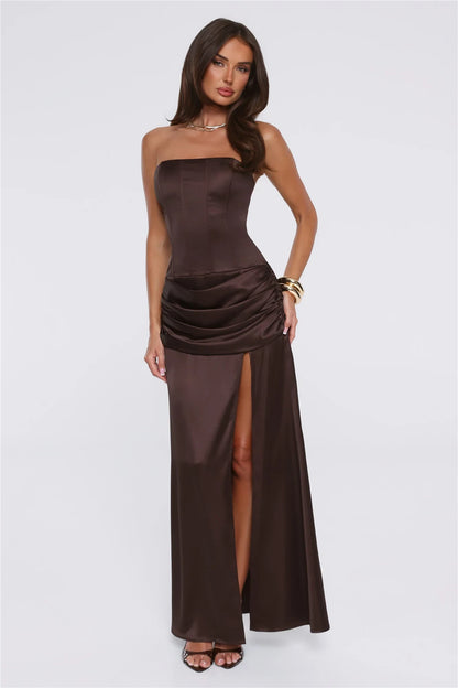 Chic Sheath Strapless Corset Ruched Brown Maxi Evening Dresses Women Gown