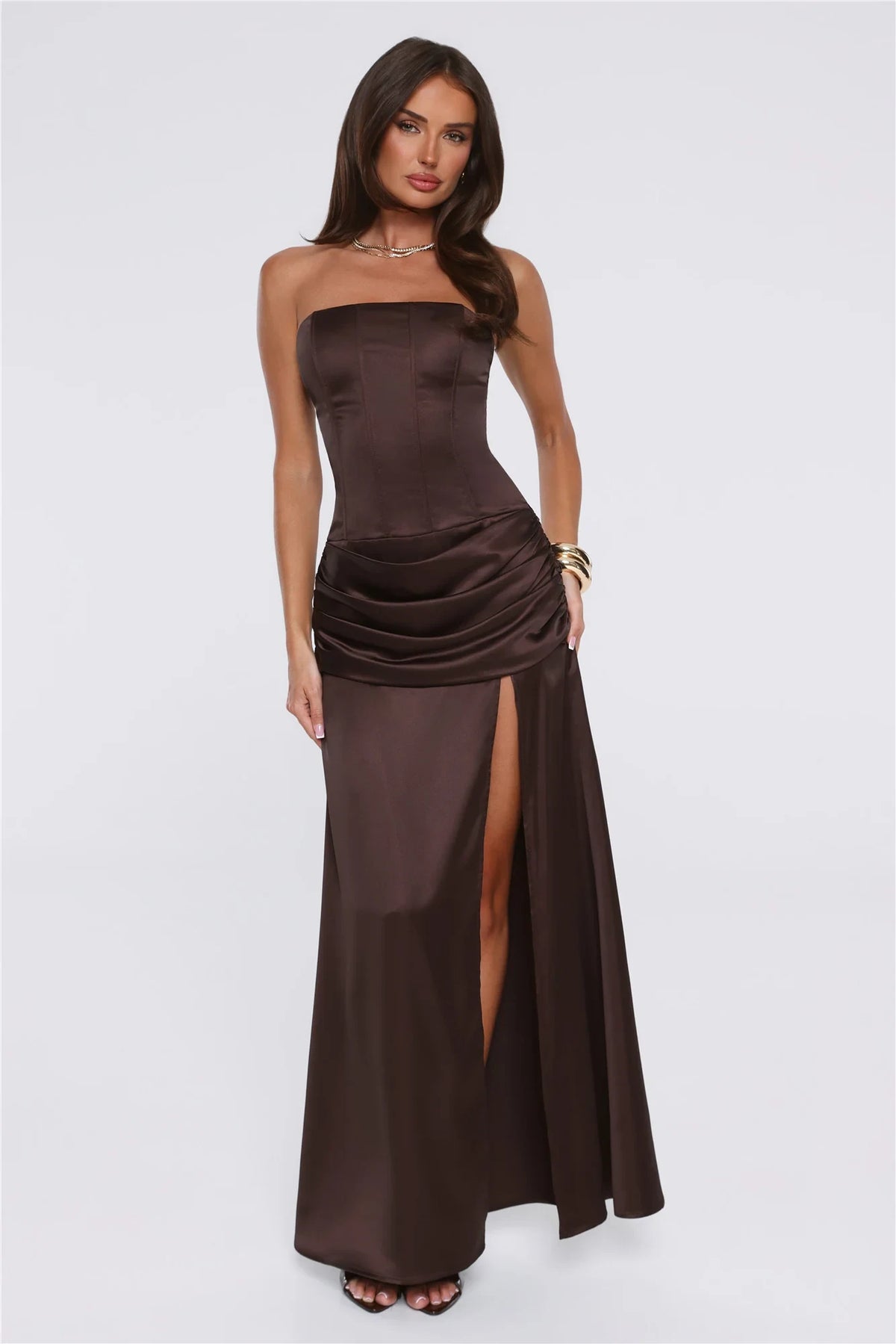 Chic Sheath Strapless Corset Ruched Brown Maxi Evening Dresses Women Gown