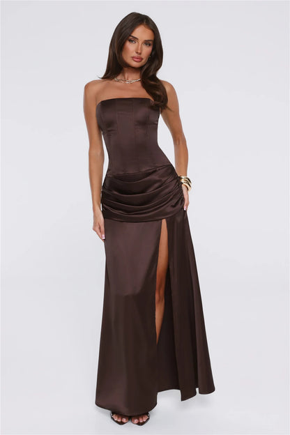 Chic Sheath Strapless Corset Ruched Brown Maxi Evening Dresses Women Gown