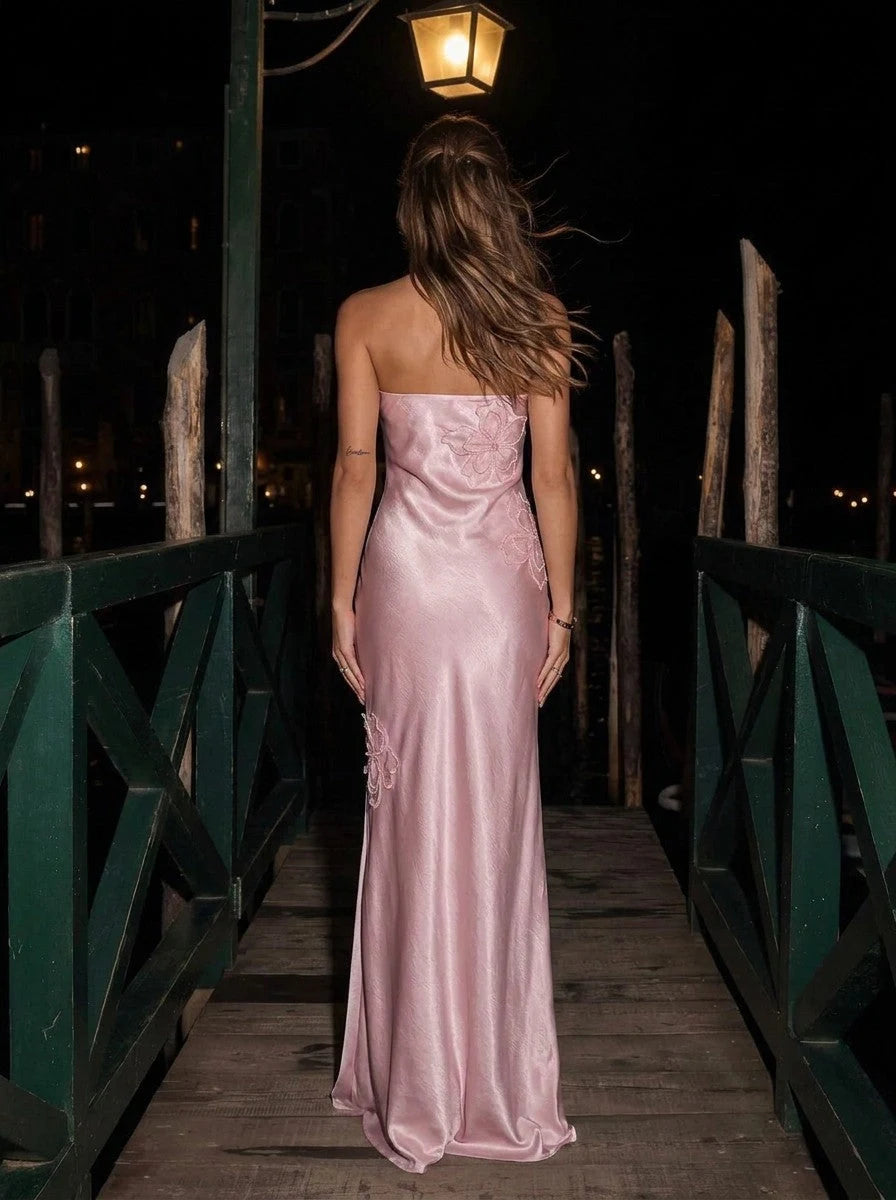 Chic Sheath Strapless Sleeveless Floral Applique Pink Maxi Prom Dresses Gown