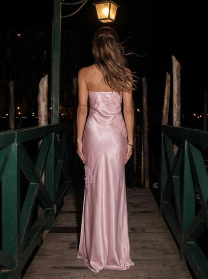 Chic Sheath Strapless Sleeveless Floral Applique Pink Maxi Prom Dresses Gown