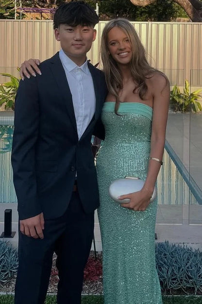 Chic Sheath Strapless Sleeveless Glamorous Shimmering Mint Green Long Prom Dresses Women Gown