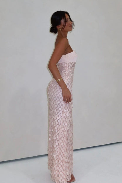 Chic Sheath Strapless Sleeveless Petal Shimmer Pink Maxi Prom Dresses Women