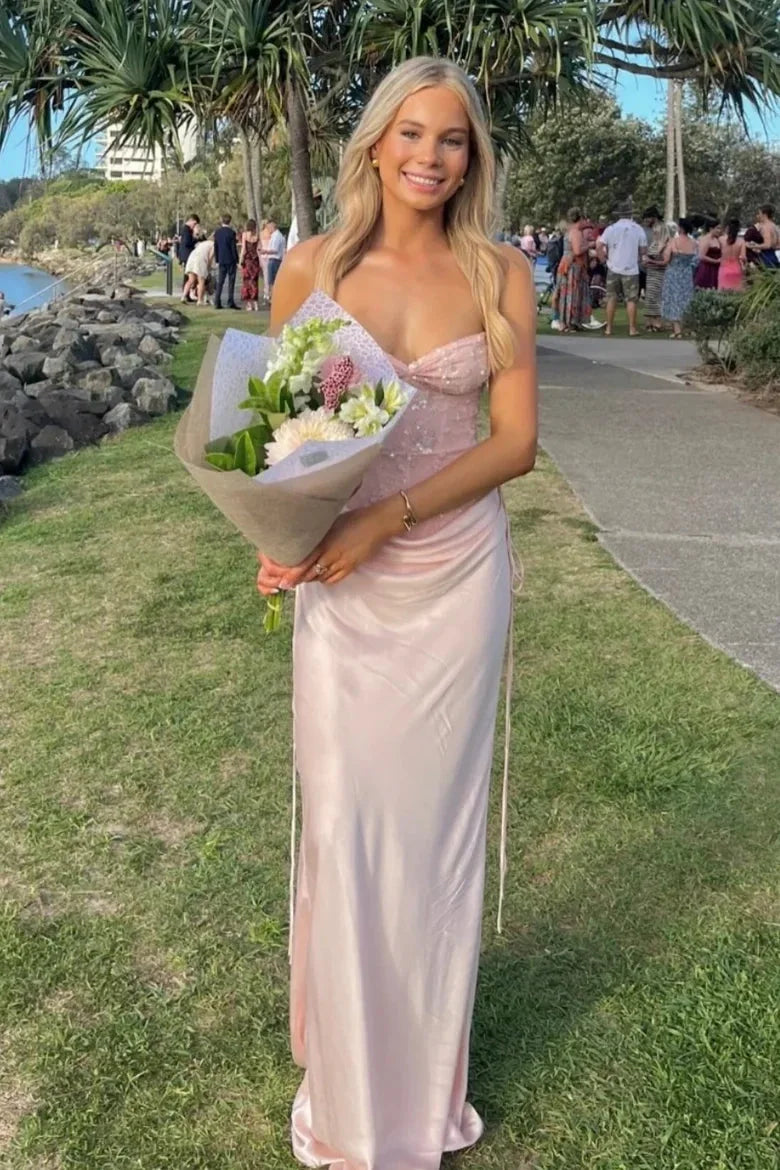 Chic Sheath Sweetheart Sleeveless Corset Beaded Pink Maxi Prom Dresses Women
