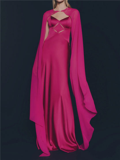 Chic Sheath Sweetheart Sleeveless Cutout Cape Fuchsia Maxi Evening Dresses Women