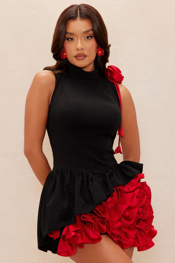 Chic Sleeveless High Neck Ruffled Peplum Black Red Short Homecoming Dress