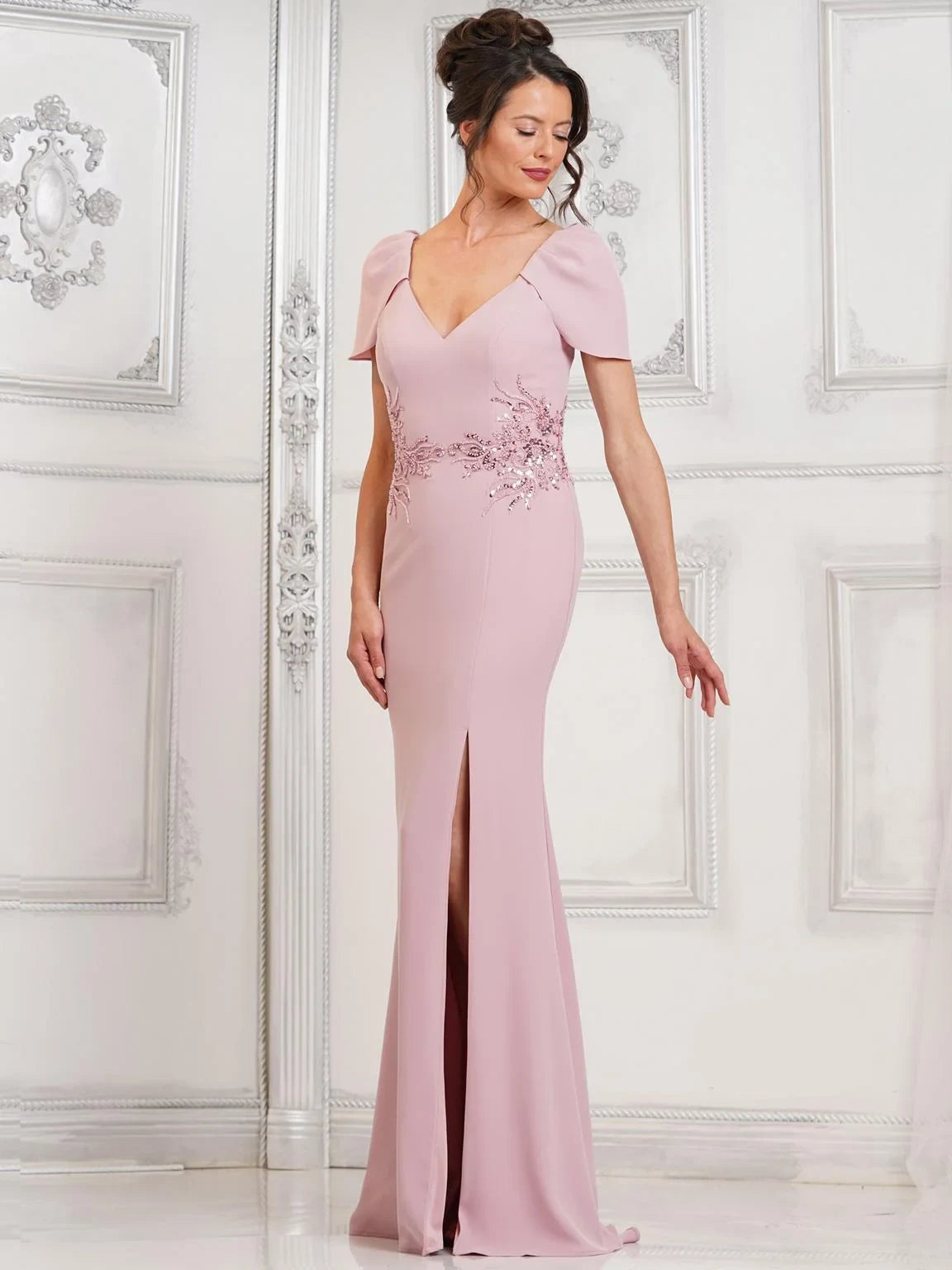 Chic Slim V-Neck Short-Sleeve Beaded Slit Pink Long Mother-Of-The-Bride Women Gown