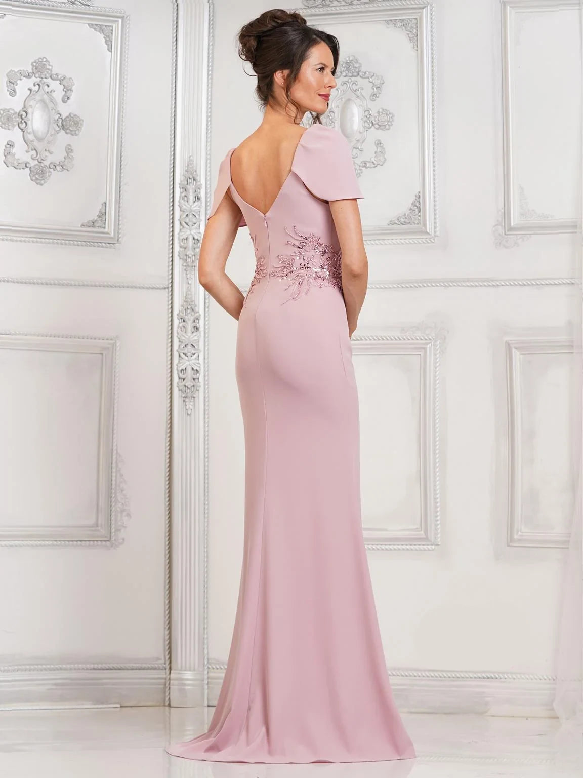 Chic Slim V-Neck Short-Sleeve Beaded Slit Pink Long Mother-Of-The-Bride Women Gown