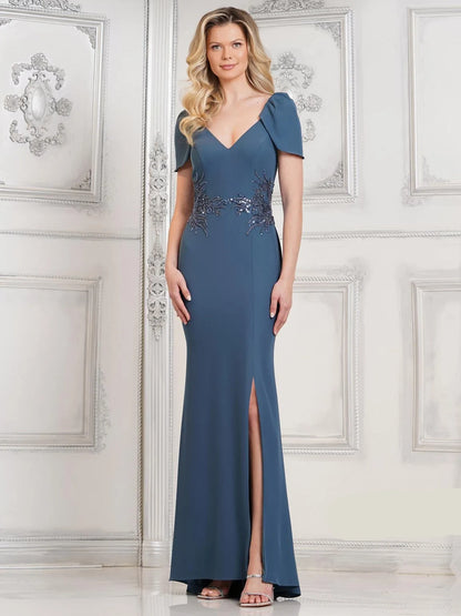 Chic Slim V-Neck Short-Sleeve Beaded Slit Pink Long Mother-Of-The-Bride Women Gown