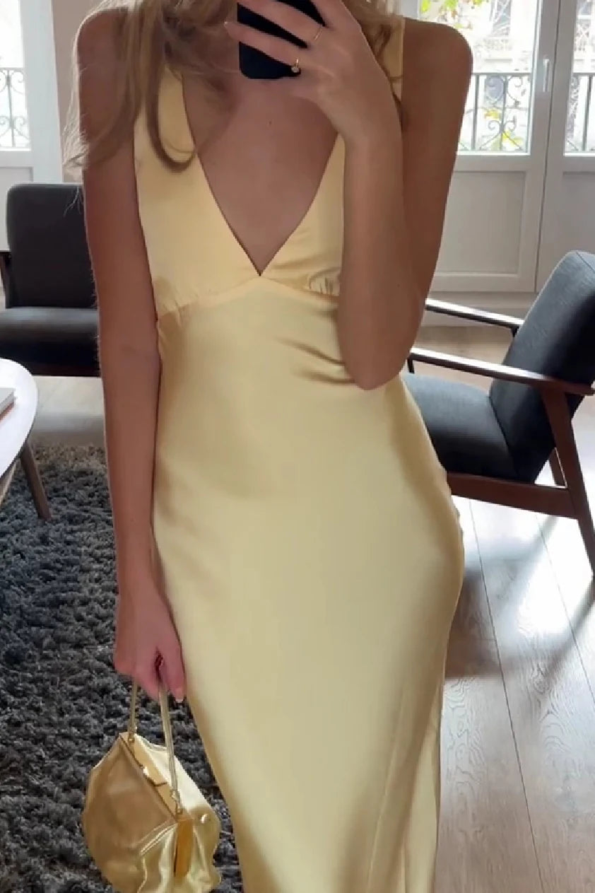 Chic Slim V-Neck Sleeveless Backless Draped Yellow Long Prom Dresses Women