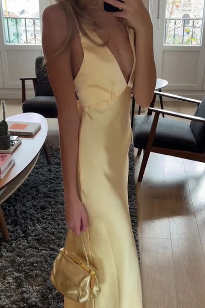 Chic Slim V-Neck Sleeveless Backless Draped Yellow Long Prom Dresses Women