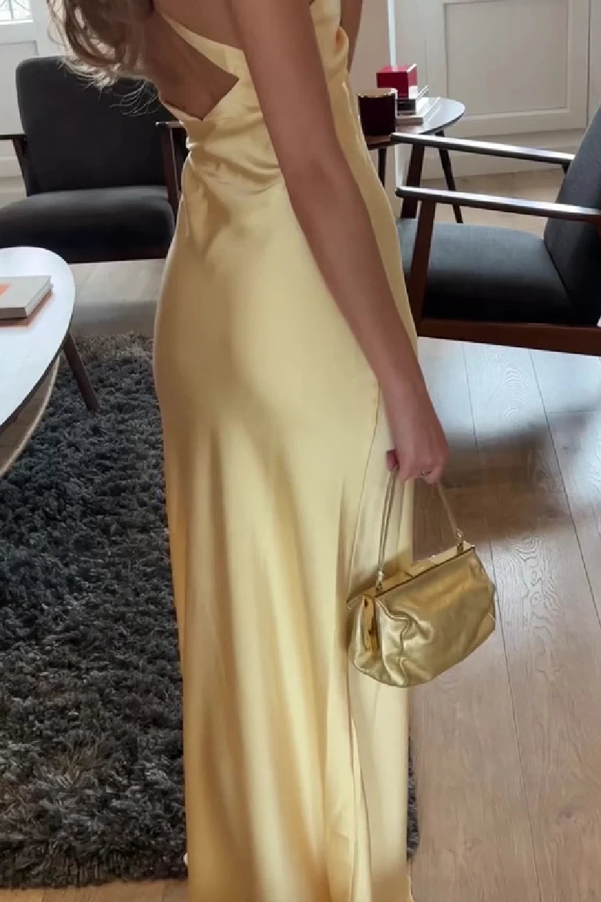 Chic Slim V-Neck Sleeveless Backless Draped Yellow Long Prom Dresses Women