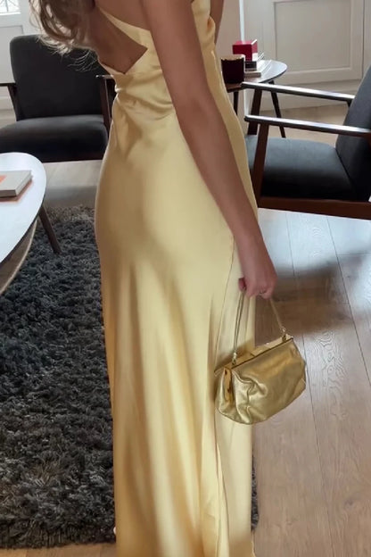 Chic Slim V-Neck Sleeveless Backless Draped Yellow Long Prom Dresses Women