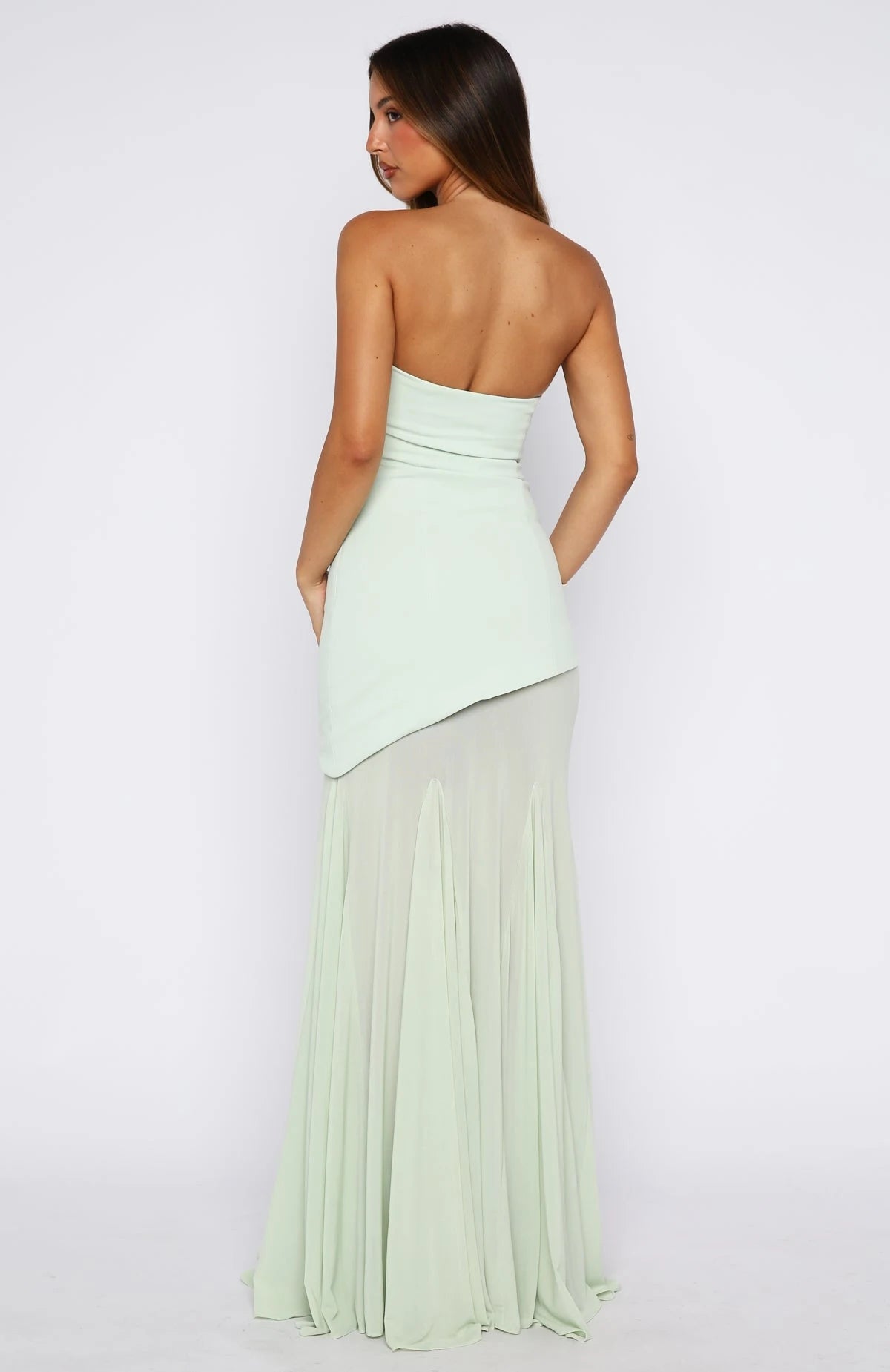 Chic Strapless Asymmetrical Sheer Mint Green Floor-Length Prom Gown
