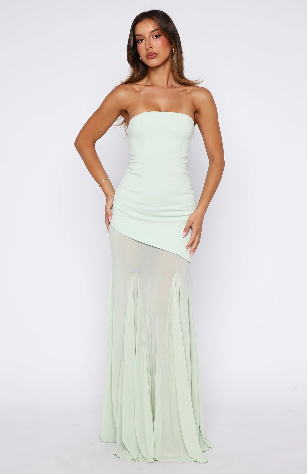 Chic Strapless Asymmetrical Sheer Mint Green Floor-Length Prom Gown
