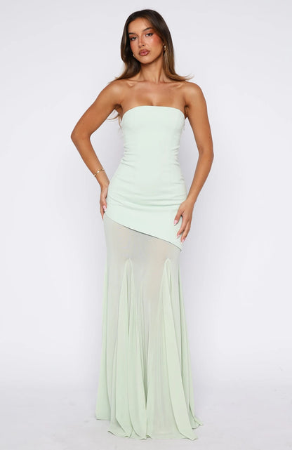 Chic Strapless Asymmetrical Sheer Mint Green Floor-Length Prom Gown