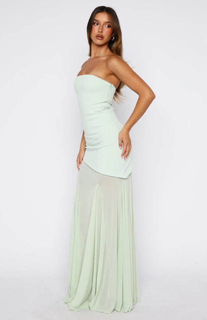 Chic Strapless Asymmetrical Sheer Mint Green Floor-Length Prom Gown