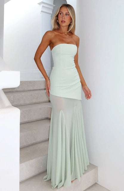 Chic Strapless Asymmetrical Sheer Mint Green Floor-Length Prom Gown
