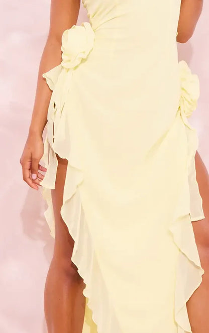 Chic Strapless Sleeveless Ruffle Rosette Lemon Maxi Evening Dresses Womens Gown