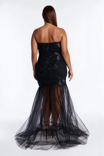 Chic strapless floral applique sheer tulle mermaid evening dress