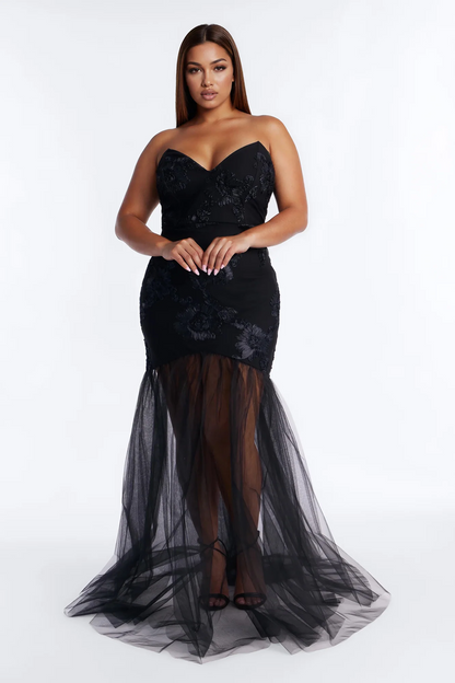 Chic strapless floral applique sheer tulle mermaid evening dress