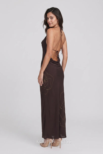 Chocolate Brown Halter Cowl Neck Open Back Gold Rose Embroidered Formal Evening Prom Dress