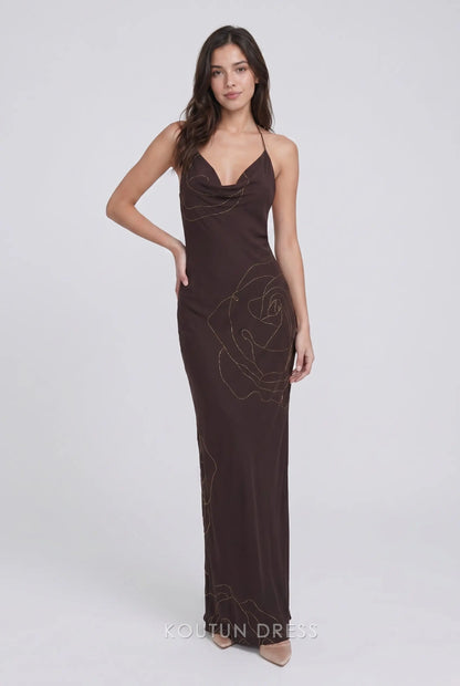 Chocolate Brown Halter Cowl Neck Open Back Gold Rose Embroidered Formal Evening Prom Dress