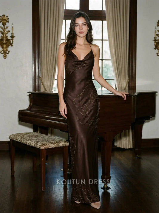 Chocolate Brown Halter Cowl Neck Open Back Gold Rose Embroidered Formal Evening Prom Dress