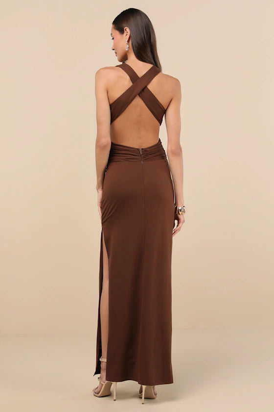 Chocolate Brown Halter Maxi Dress with Cutout Waist and Cross-Back Design, Formal Evening Gowns