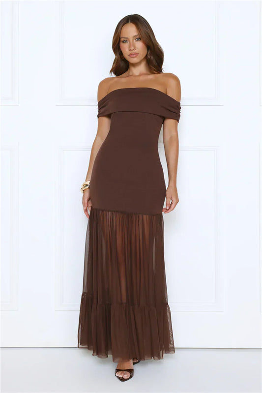 Chocolate Brown Off-Shoulder Ruched Bodice Sheer Tulle Tiered Maxi Formal Evening Prom Dress