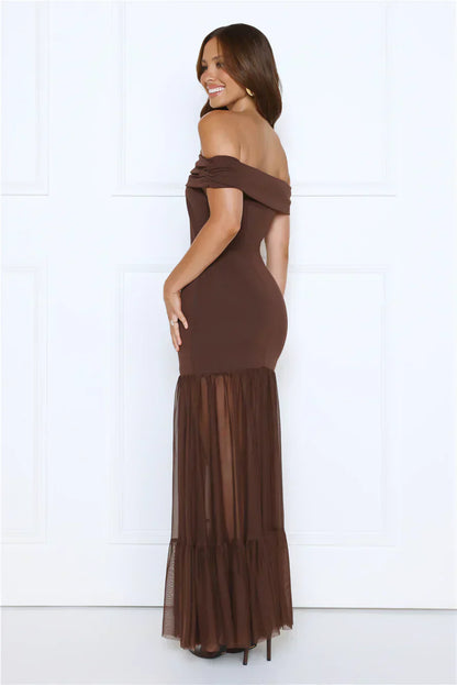 Chocolate Brown Off-Shoulder Ruched Bodice Sheer Tulle Tiered Maxi Formal Evening Prom Dress