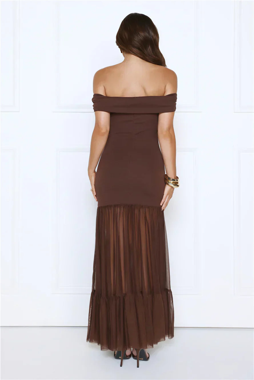 Chocolate Brown Off-Shoulder Ruched Bodice Sheer Tulle Tiered Maxi Formal Evening Prom Dress