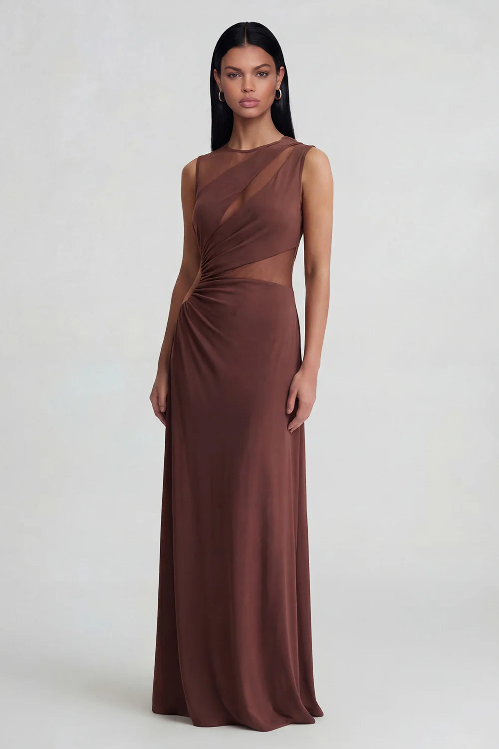 Chocolate Brown Sleeveless Prom Dress With Sheer Mesh Panel And Draped Waist Formal Prom Dress