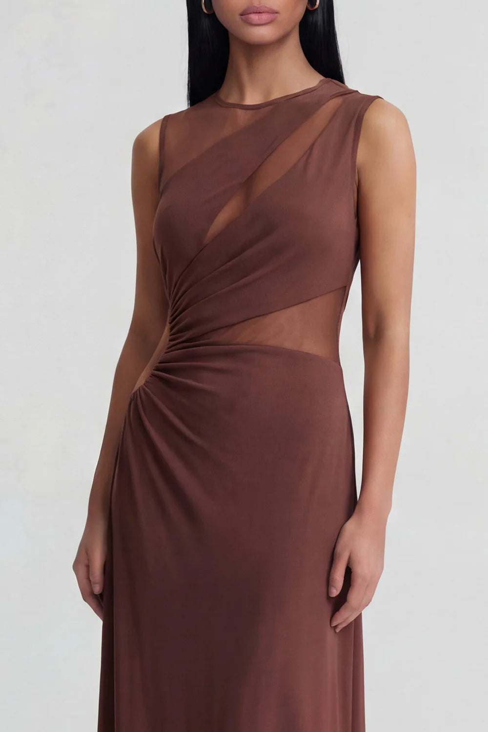 Chocolate Brown Sleeveless Prom Dress With Sheer Mesh Panel And Draped Waist Formal Prom Dress
