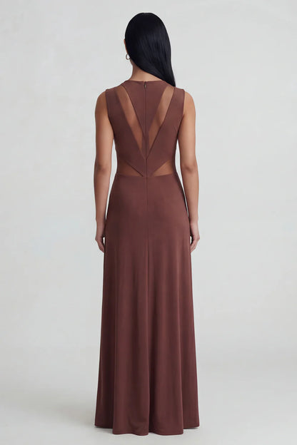 Chocolate Brown Sleeveless Prom Dress With Sheer Mesh Panel And Draped Waist Formal Prom Dress