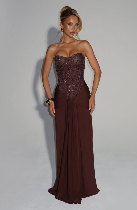 Chocolate Brown Strapless Beaded Sweetheart Ruched Mesh Mermaid Floor Length Prom Dress