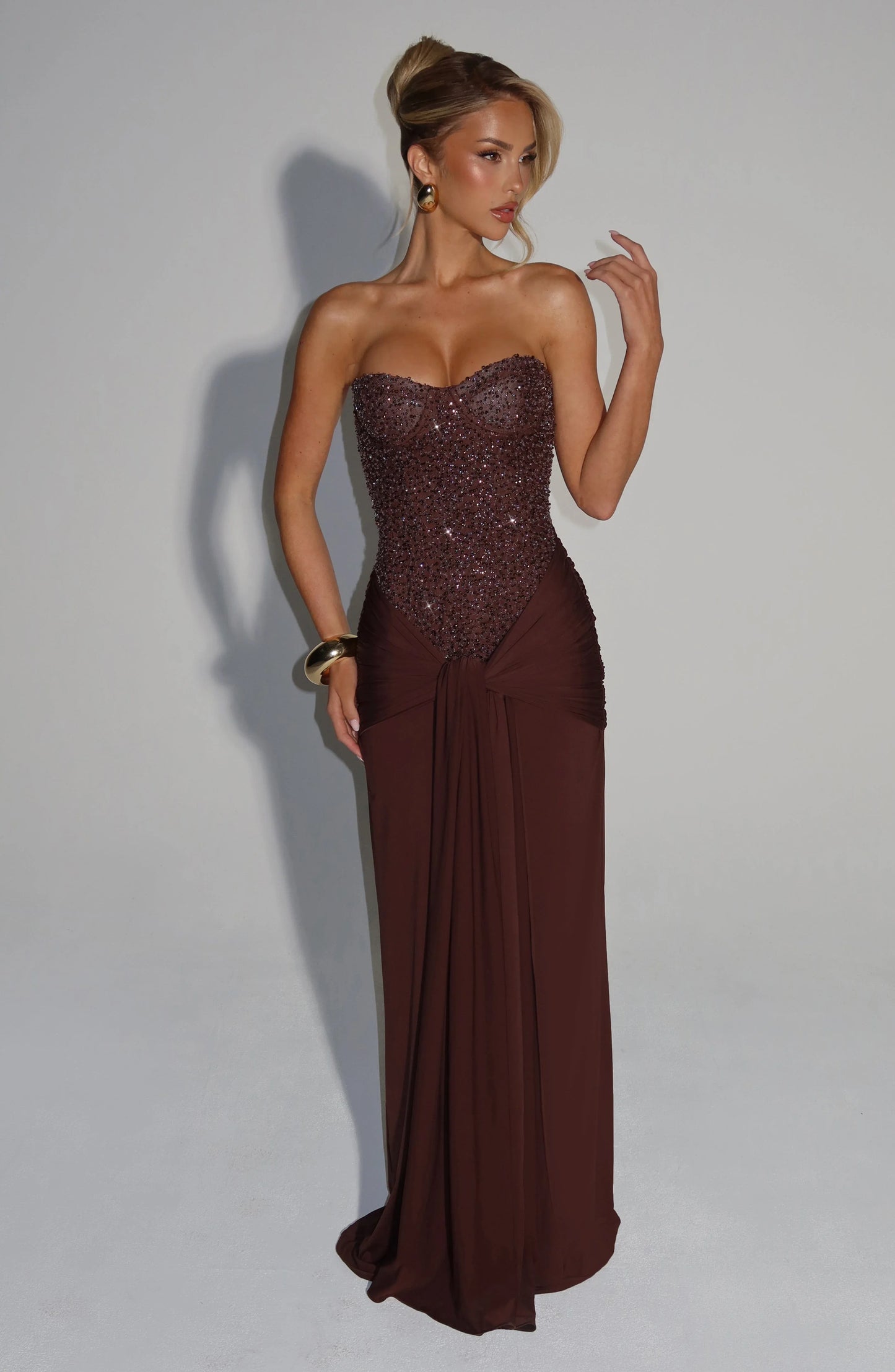 Chocolate Brown Strapless Beaded Sweetheart Ruched Mesh Mermaid Floor Length Prom Dress