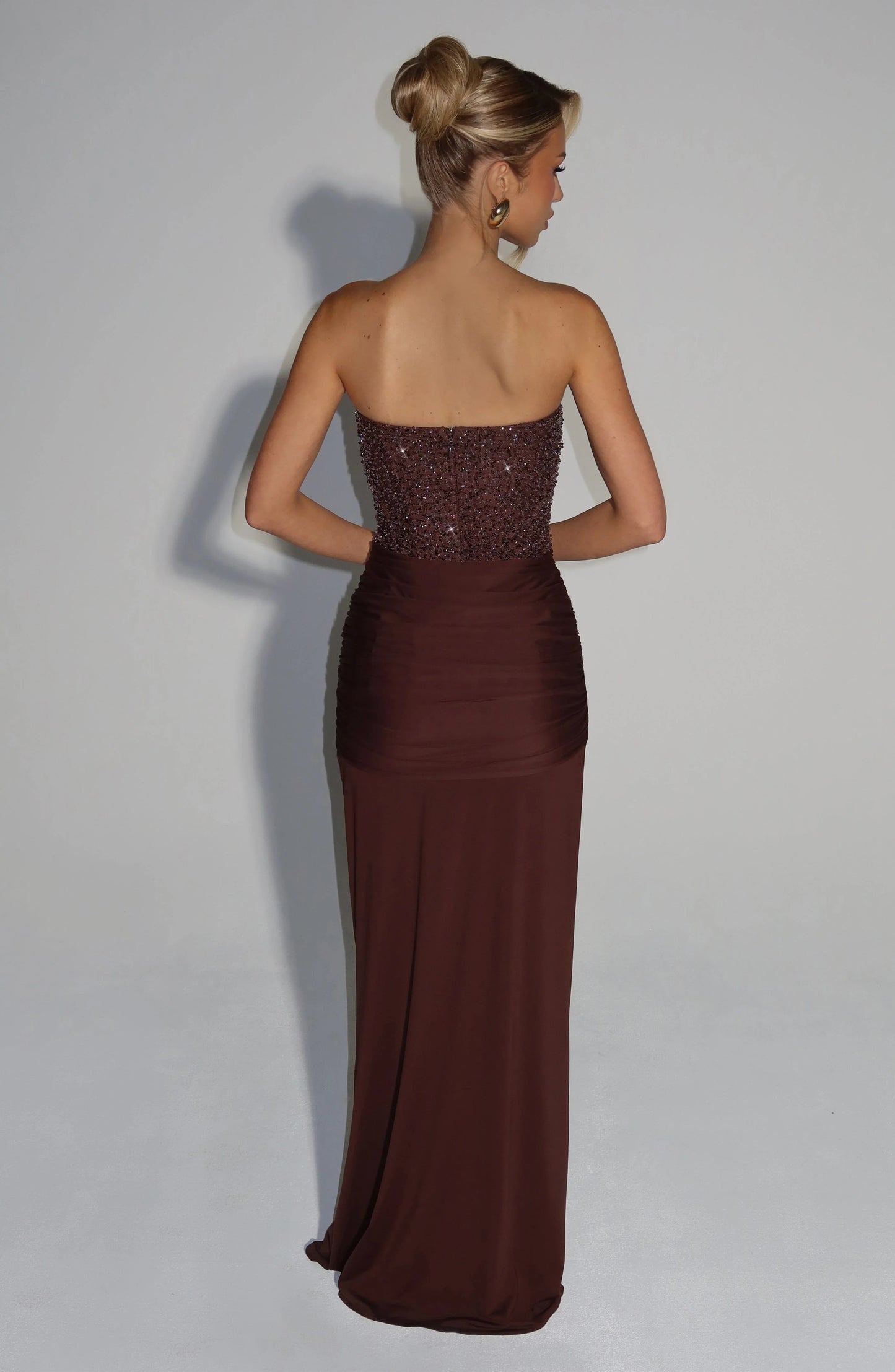 Chocolate Brown Strapless Beaded Sweetheart Ruched Mesh Mermaid Floor Length Prom Dress