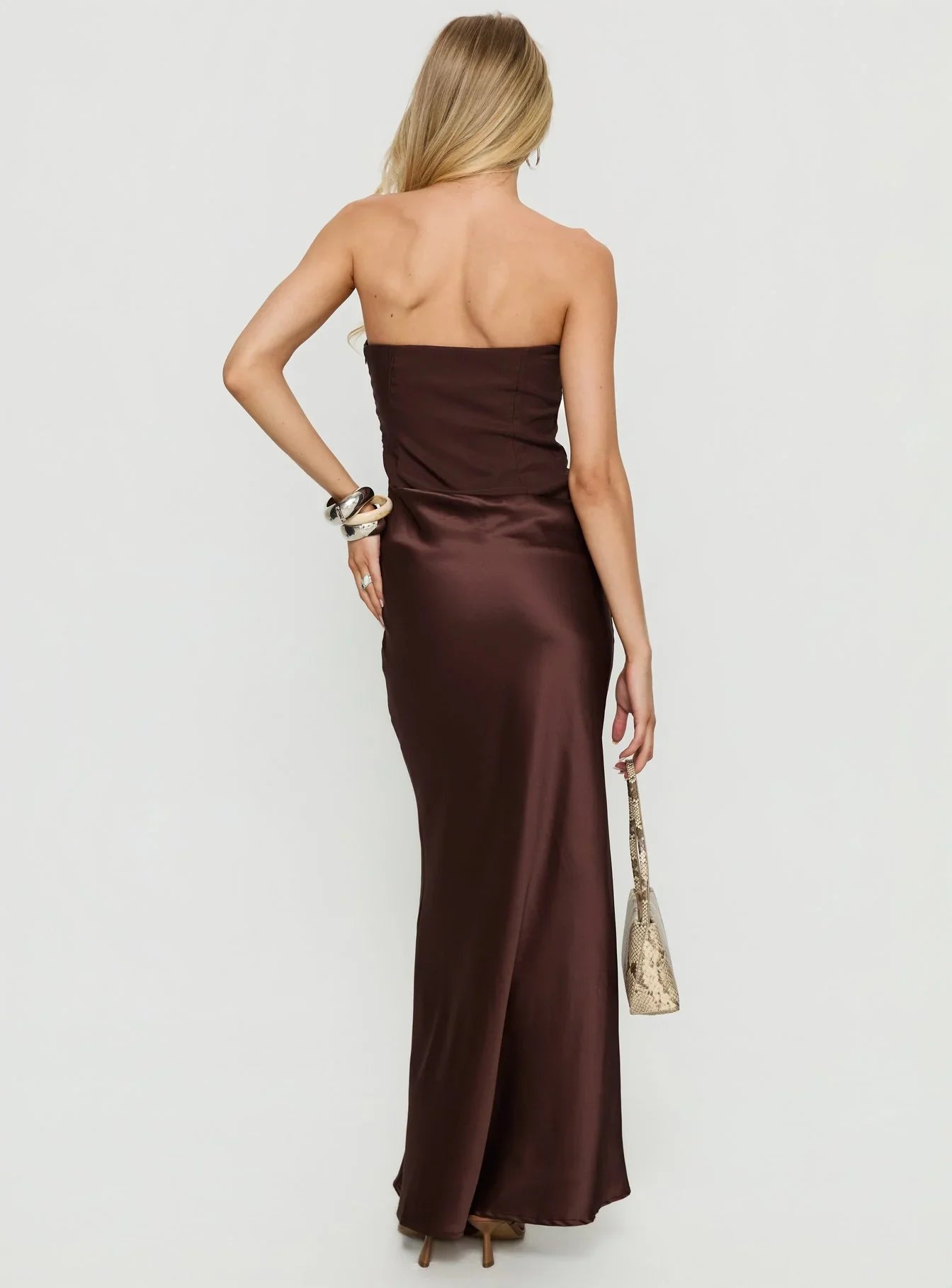 Chocolate Brown Strapless Prom Dress with Ruched Bodice and Satin Skirt for Formal Events and Prom Nights