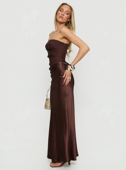 Chocolate Brown Strapless Prom Dress with Ruched Bodice and Satin Skirt for Formal Events and Prom Nights
